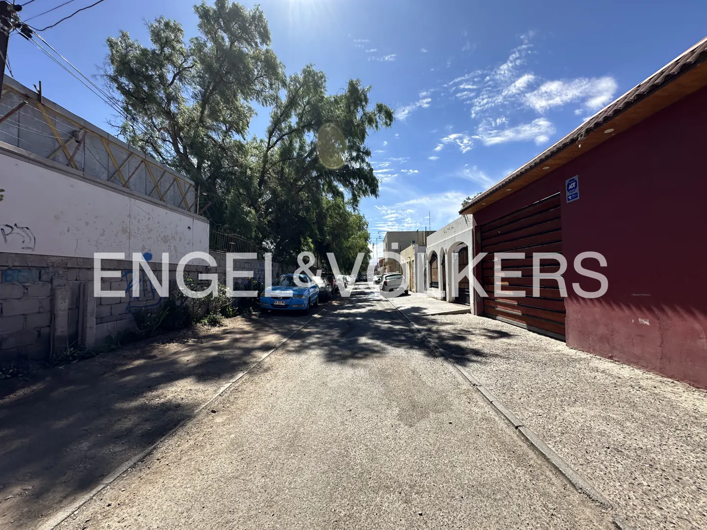 Street view with parked cars, trees, and buildings under a blue sky with clouds.