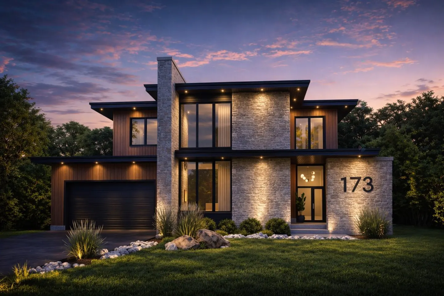 Modern two-story house with stone and wood facade, black trim, and address number 173, illuminated at dusk.