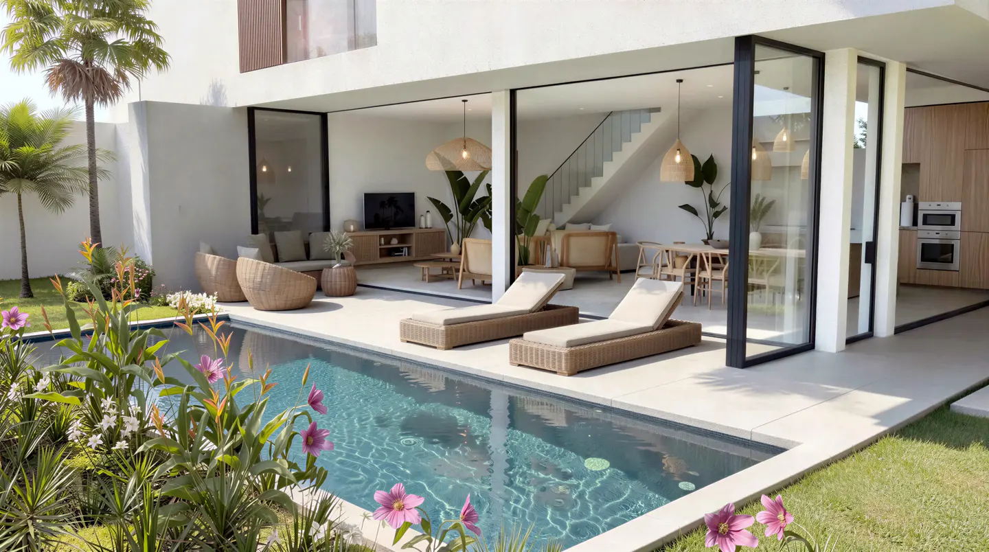 Modern home exterior with a pool, lounge chairs, and open floor plan. Interior includes stairs, dining, and kitchen areas.