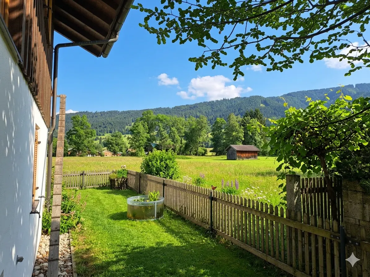 A sunny backyard with a wooden fence, green grass, and a small pond. In the background, there's a field, trees, and mountains under a blue sky.
