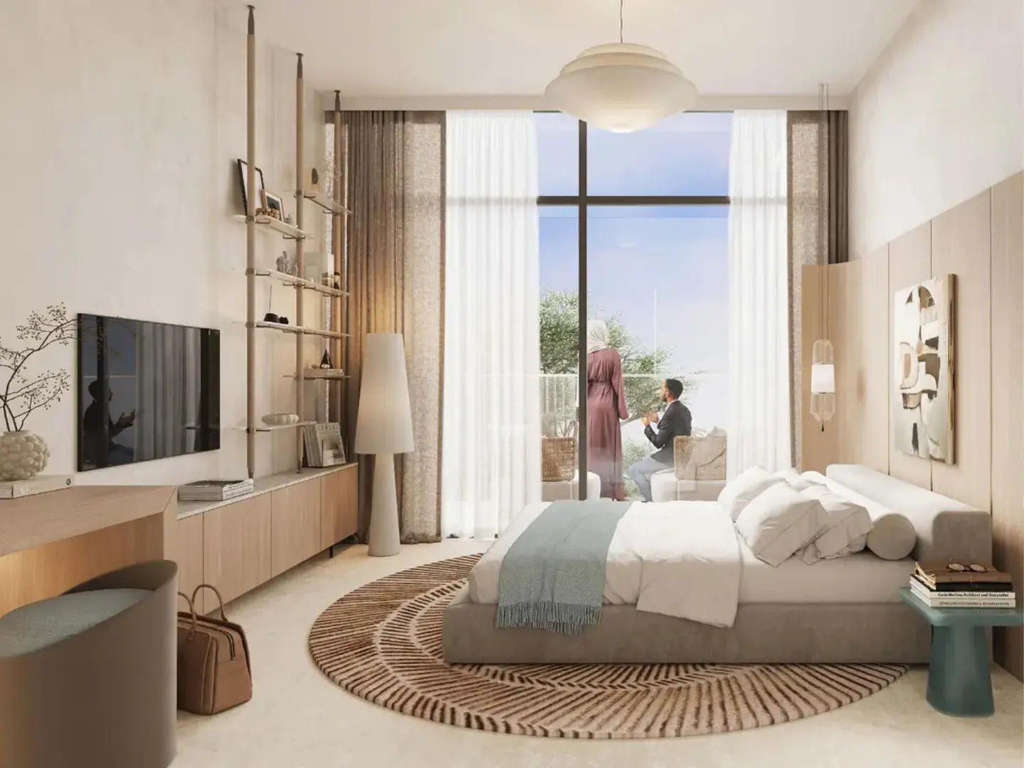 Bedroom with a king-size bed, round rug, TV, and shelves. A man proposes to a woman on the balcony. Neutral color palette.