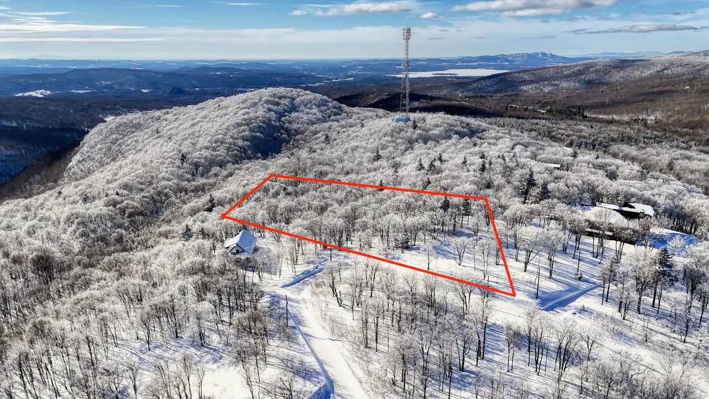 Aerial view of a snow-covered mountain with trees, outlined in red, with a house and a tower in the background.