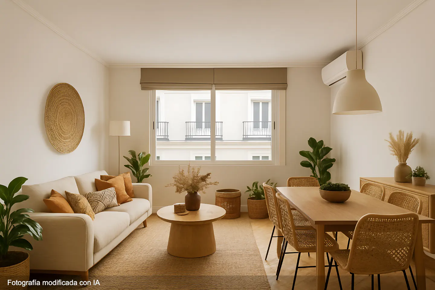 Living and dining area with a white sofa, wood table, woven chairs, and a large window with a view of a building.