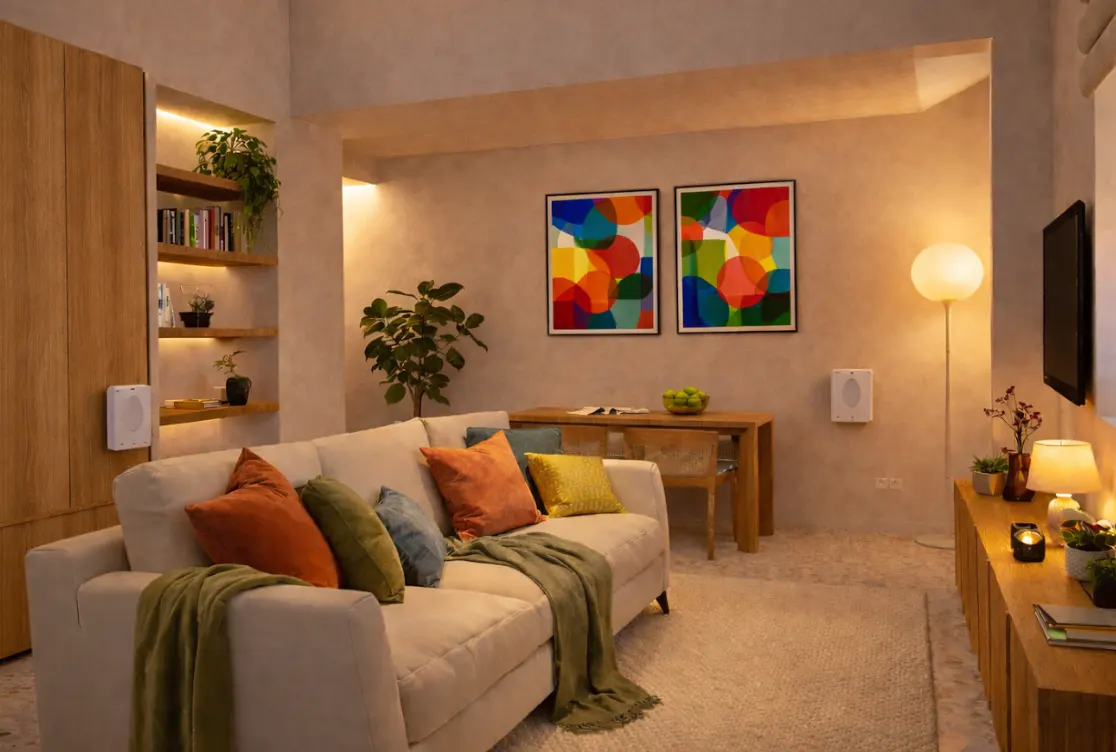 Living room with a beige sofa, colorful pillows, a wooden table, and abstract art on the wall.