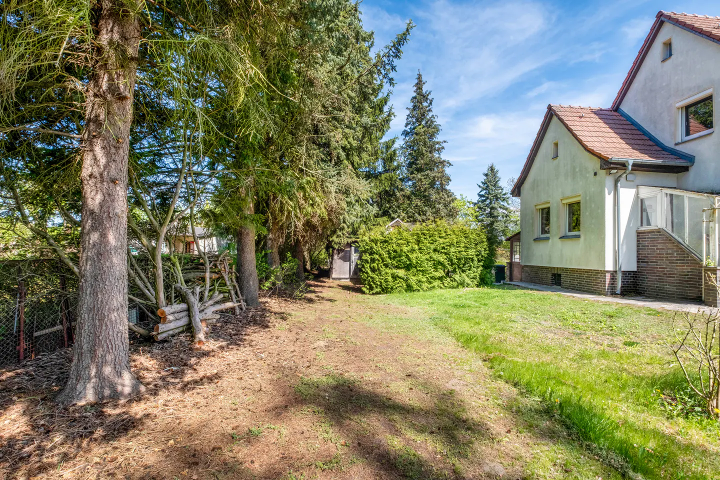 A sunny backyard with tall trees, a green lawn, and a house with a red tile roof.