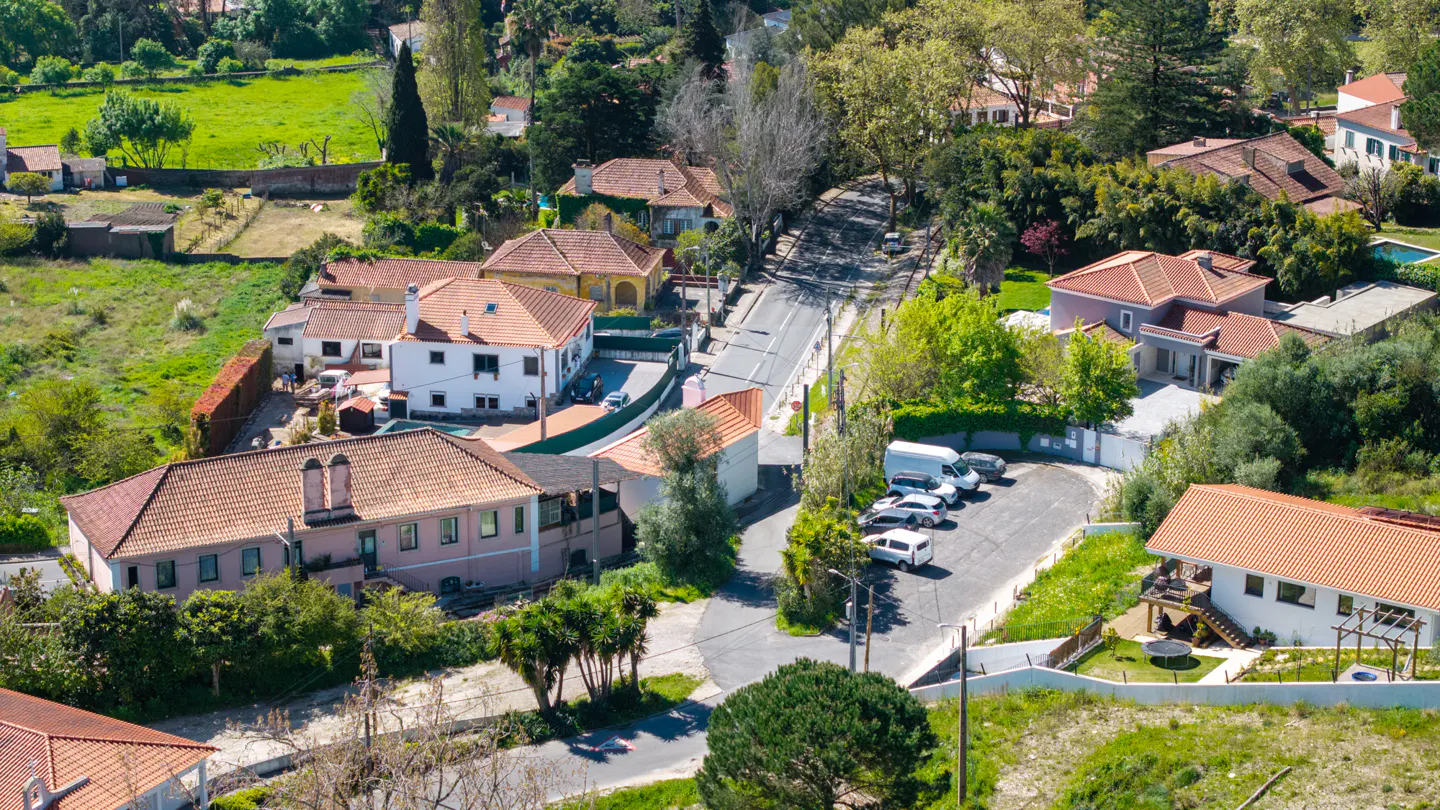 Aerial view of a neighborhood with houses, green trees, and a road with parked cars.