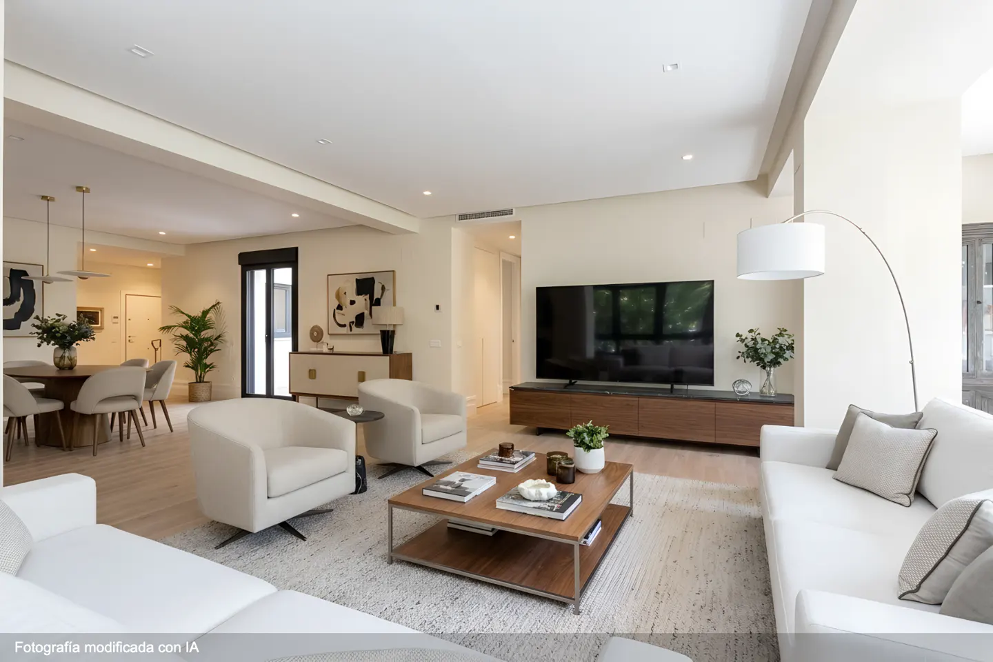 Modern open-plan living room with white sofas, two armchairs, a wooden coffee table, and a large wall-mounted television.