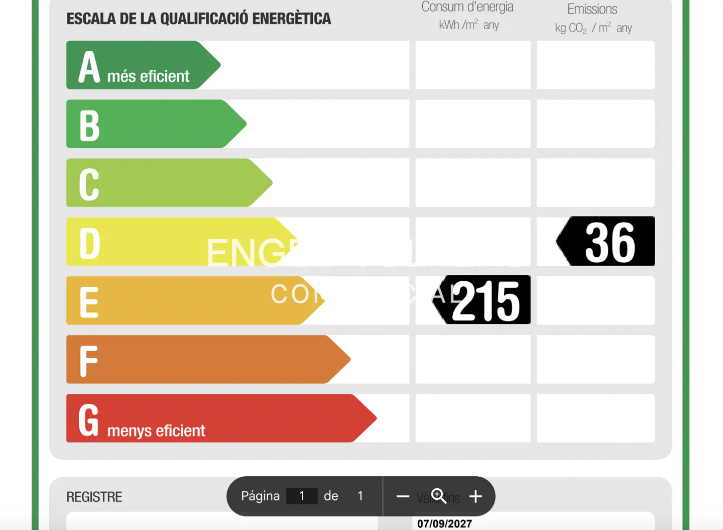 Energy efficiency certificate showing rating D for energy consumption (215) and rating D for CO2 emissions (36).