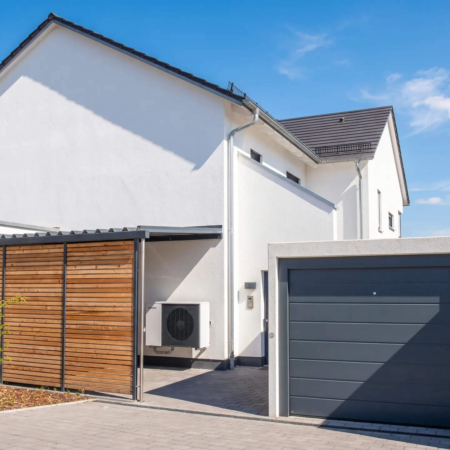 Exterior view of a modern white house with a gray garage door and wooden carport under a clear blue sky.