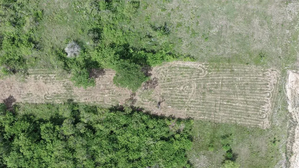 Aerial view of a rectangular plot of land with rows of tilled soil, bordered by green trees and grass.