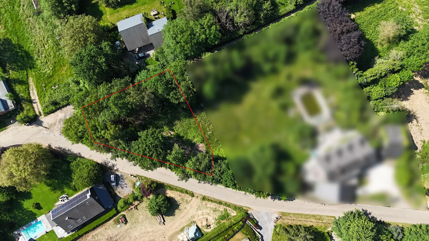 Aerial view of a wooded lot outlined in red, situated next to a road and residential properties with a blurred area nearby.