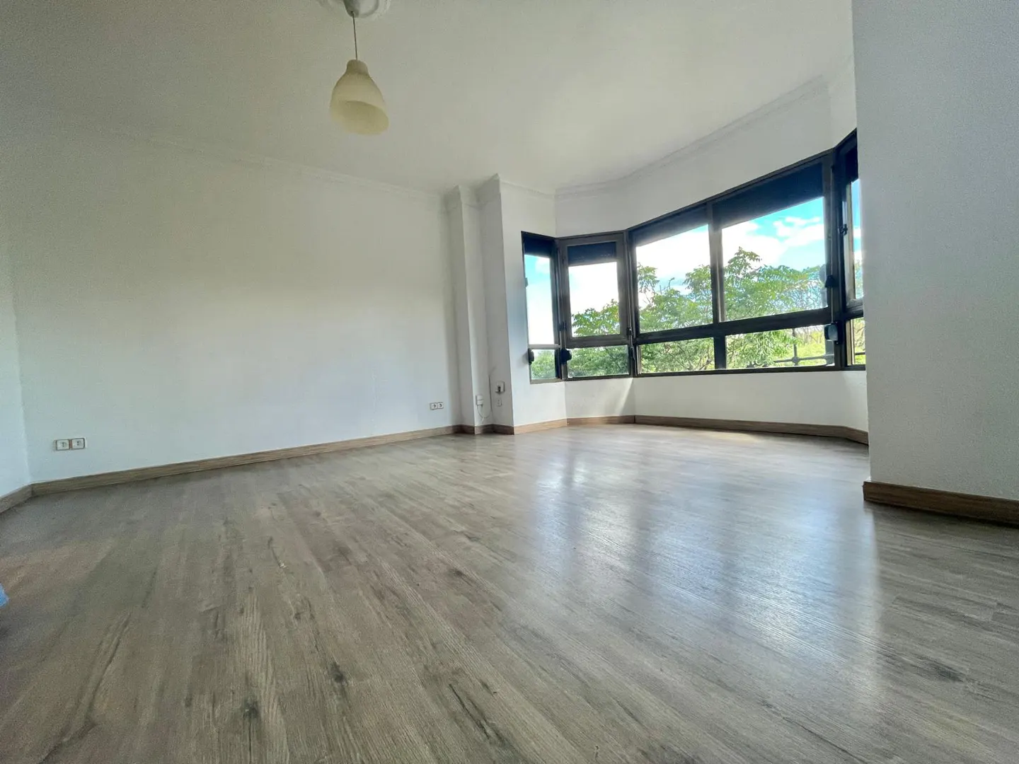 Empty room with wood-look floors, white walls, and a large bay window with a view of green trees.
