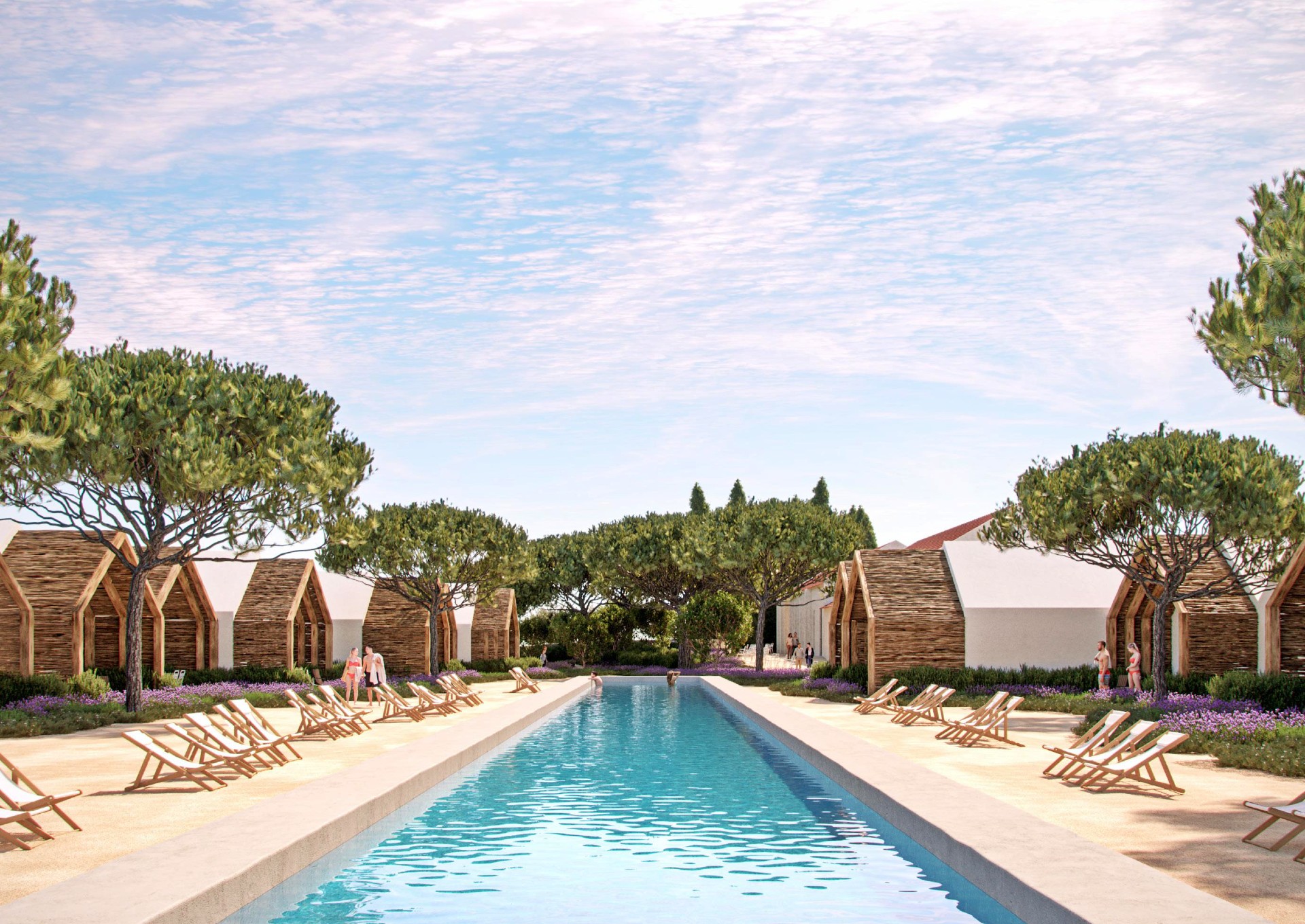 A long, rectangular swimming pool flanked by rows of wooden cabins, lounge chairs, and trees under a bright blue sky. [AI-generated text]