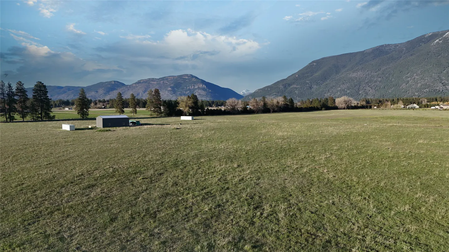 A large green field with mountains in the background under a cloudy sky.