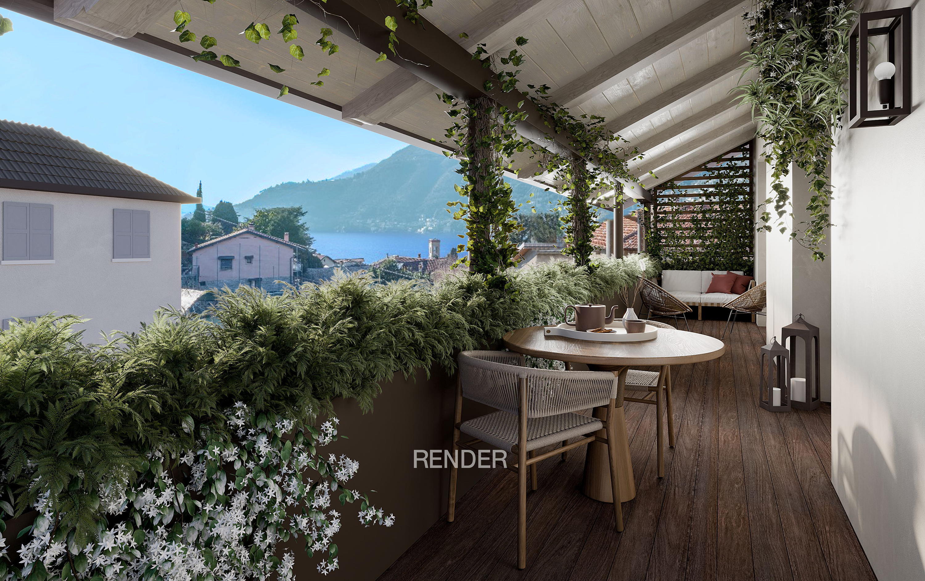 A sunlit veranda with a wood floor, table, chairs, and lush greenery overlooking a lake and mountains.