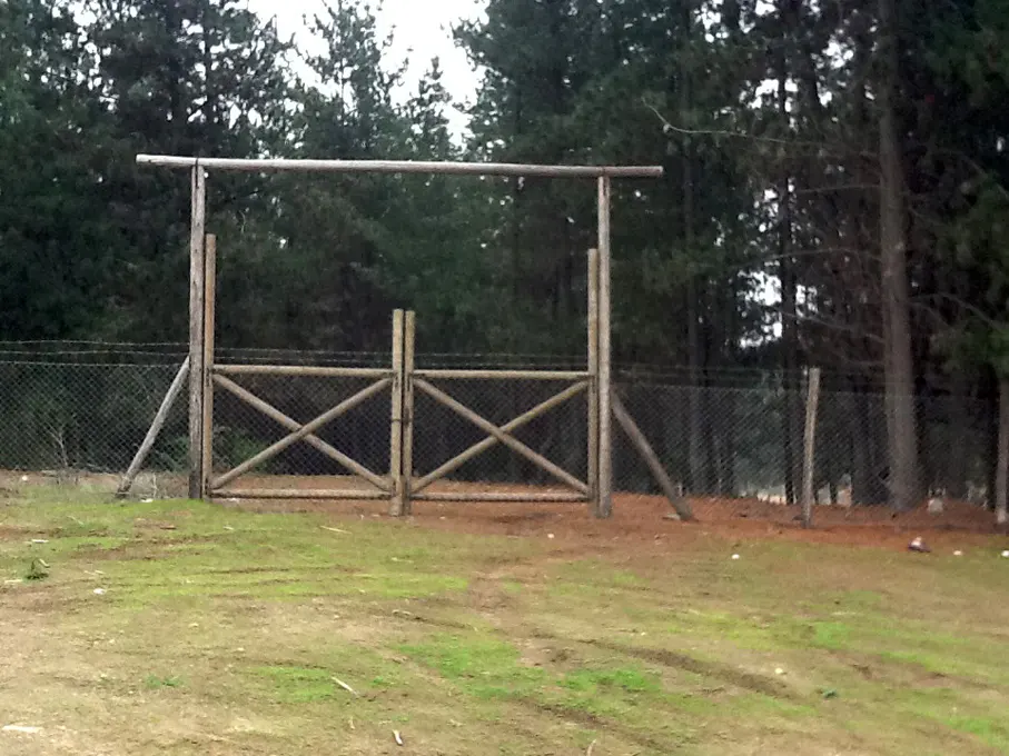 Wooden gate with an X design, set in a wire fence, leads to a grassy area with trees in the background.