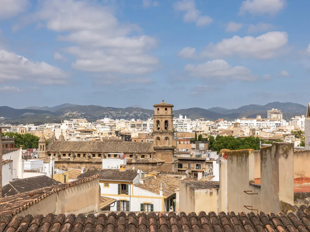 Cityscape view with terracotta rooftops, a bell tower, and mountains in the background under a blue sky with white clouds.