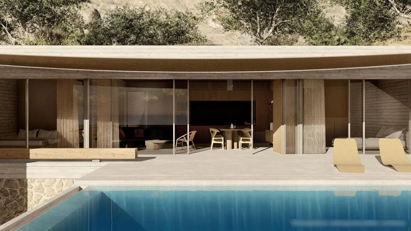Modern home exterior with a blue pool in the foreground. Sliding glass doors open to a patio with dining and lounge areas. Trees and a rocky hill are in the background.