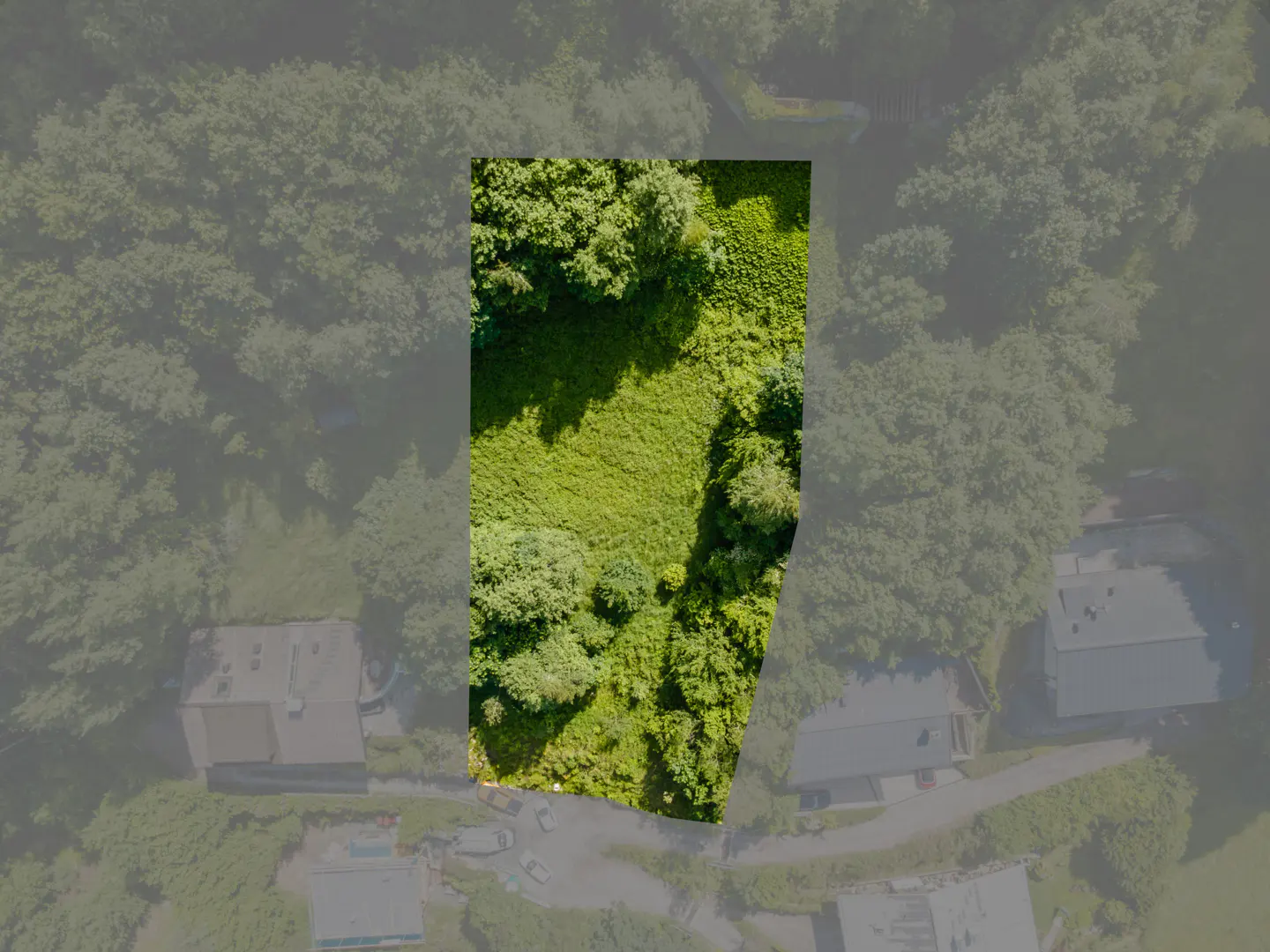 Aerial view of a rectangular plot of land, green grass and trees, surrounded by houses and forest.