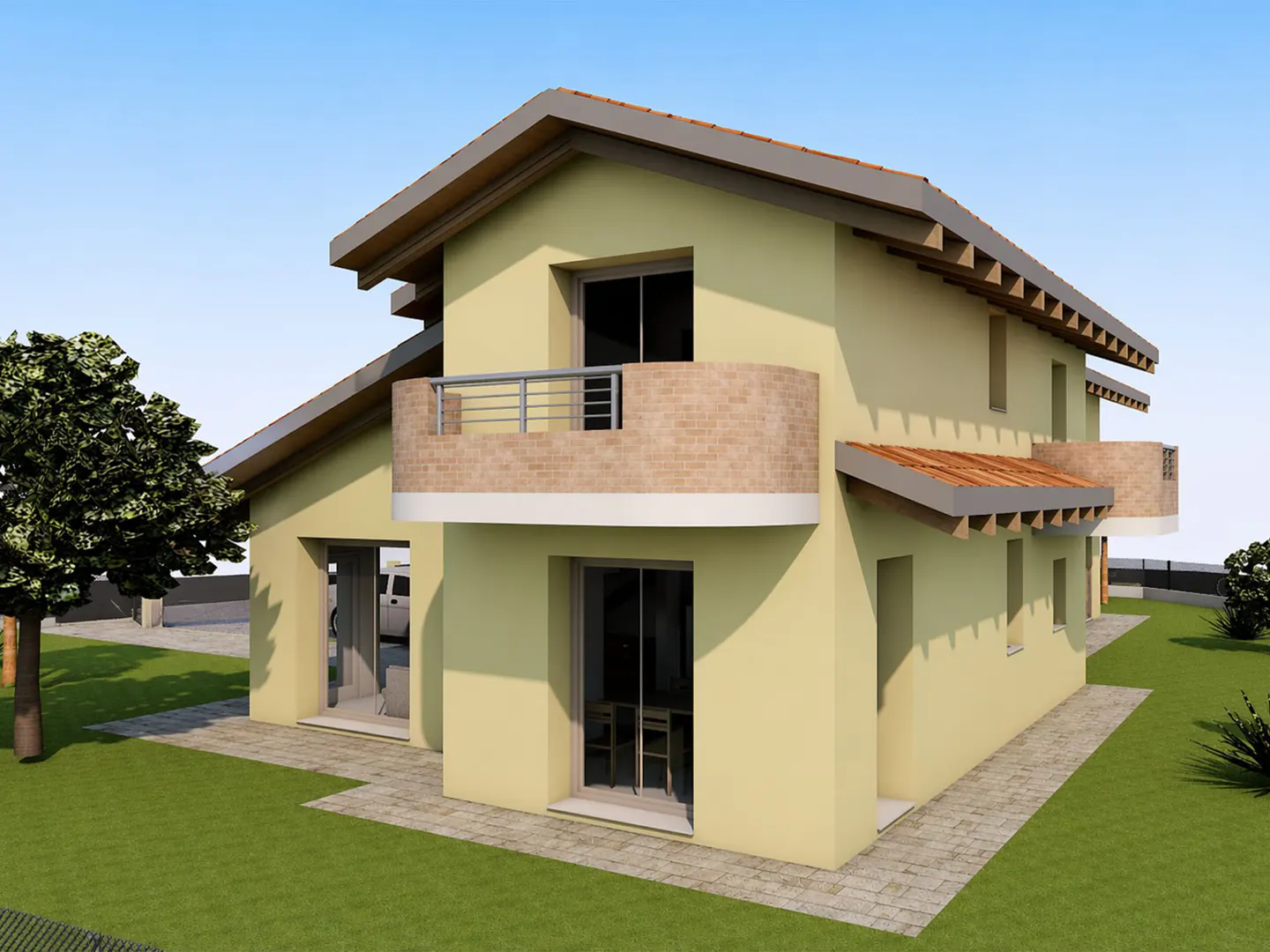 Two-story house with a yellow exterior, brown roof, and brick balconies, set on a green lawn under a blue sky.