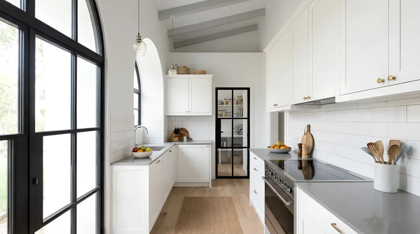Bright, narrow kitchen with white cabinets, gray counters, and a black-framed arched window. A black pantry door is visible.