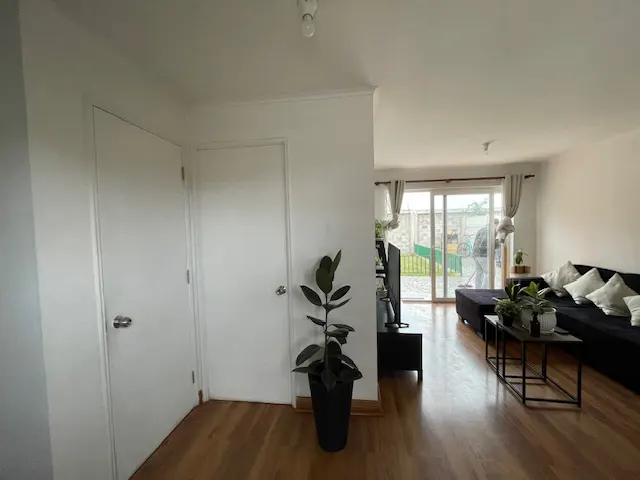 A bright living room with wood floors, white walls, and a black sofa. Sliding glass doors lead to a green backyard. A potted plant sits near two white doors.