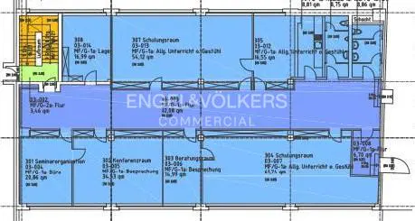 Floor plan of a commercial space, blue with room labels, featuring the Engel & Völkers Commercial logo in the center.