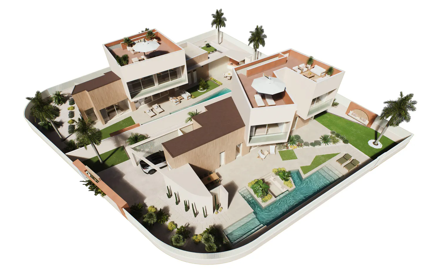 Architectural model of a modern, multi-level home with pools, patios, and palm trees, surrounded by a white border.