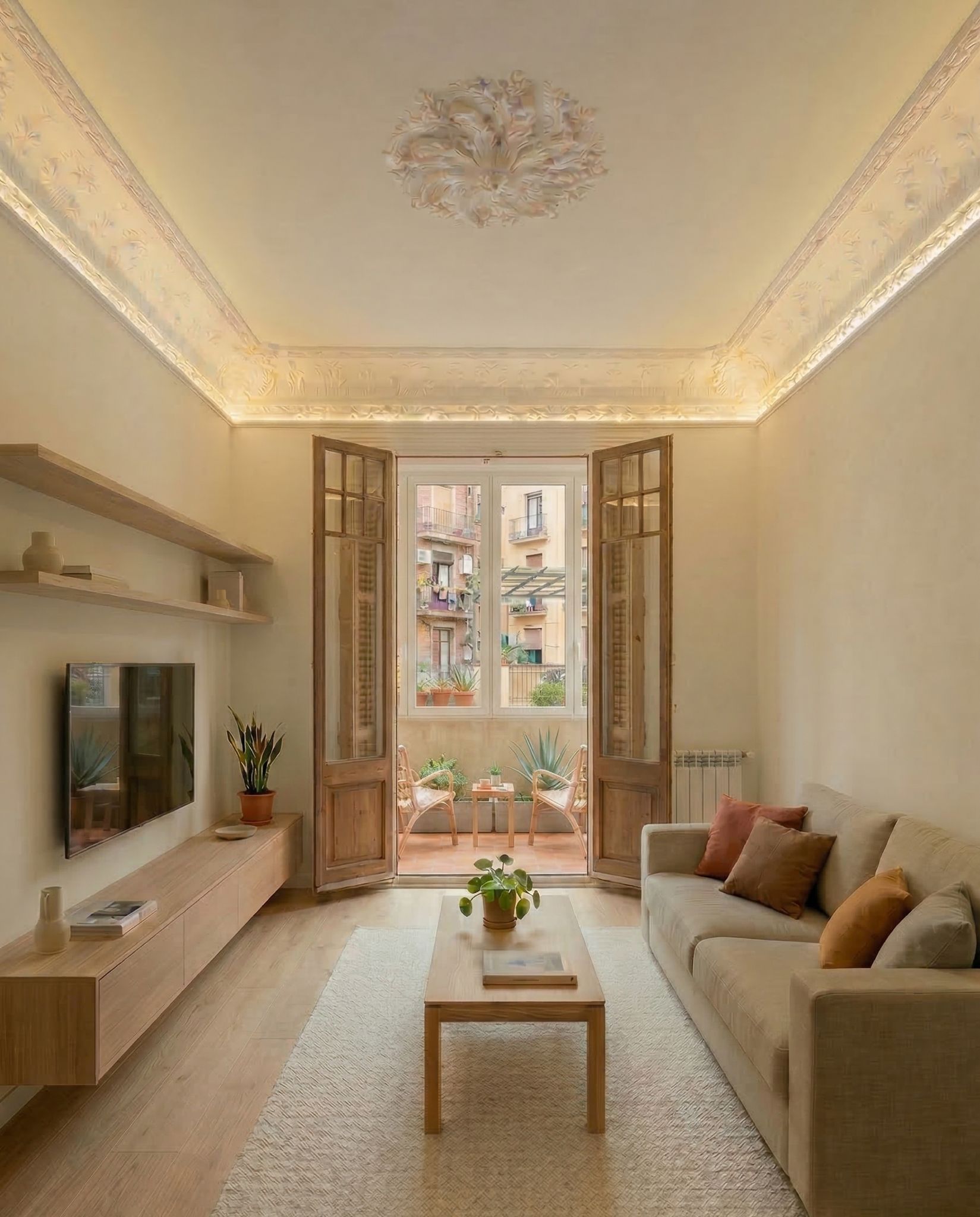 Modern living room with beige sofa, wooden coffee table, wall-mounted TV, and open doors leading to a balcony.
