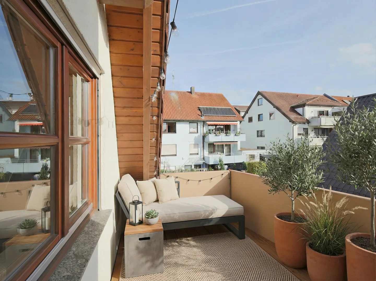 Balcony with a beige daybed, pillows, and a small table. Potted plants line the edge, with houses visible in the background.