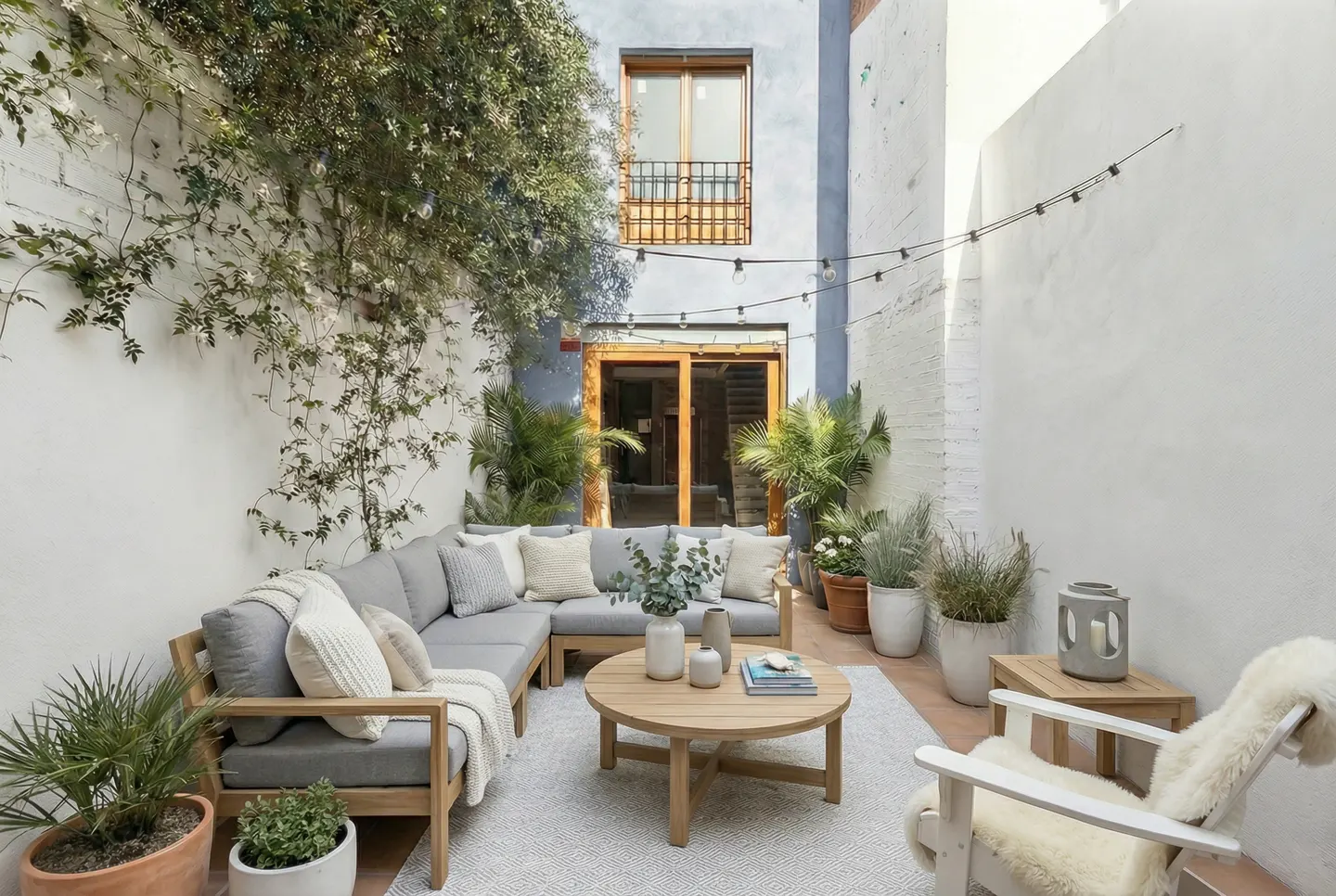 Outdoor patio with gray sectional, round wood table, and white chair with sheepskin throw. String lights hang above.