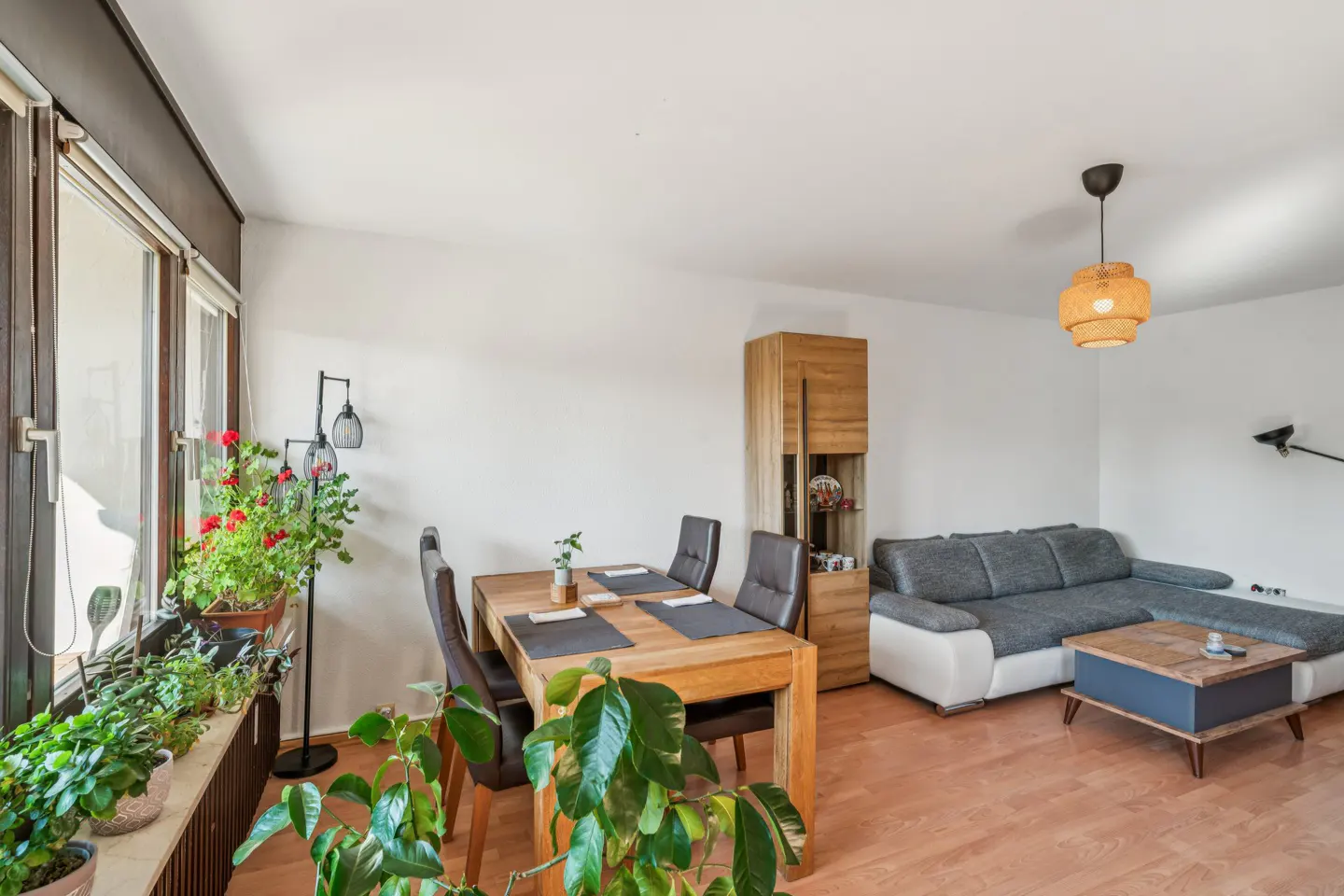 Bright living room with wood floors, a dining table with four chairs, and a gray sectional sofa. Plants line the window sill.