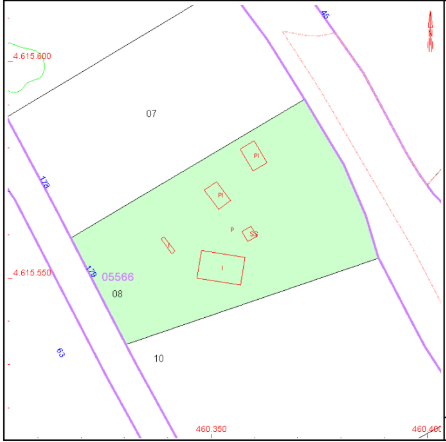 Land plot map with green area marked 05566, surrounded by white areas and purple lines. Red outlines of buildings are visible within the green area.
