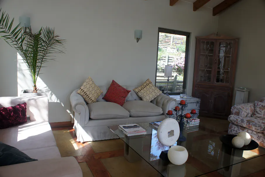 Living room with a light gray sofa, patterned pillows, and a glass coffee table. A tall plant sits near a window, and a wooden cabinet stands in the corner.