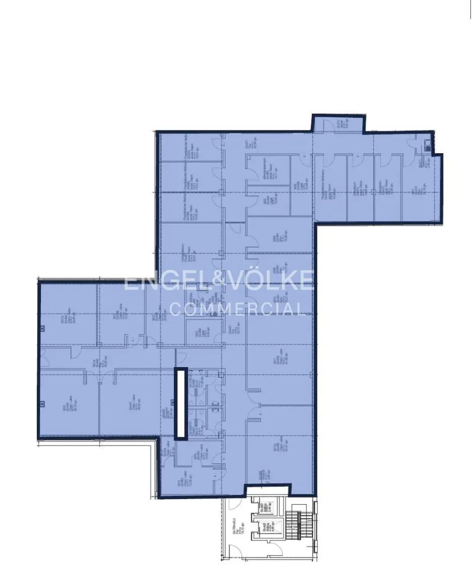 Floor plan of a commercial building with multiple offices, hallways, and a staircase, highlighted in blue. Engel & Völke Commercial logo is visible.