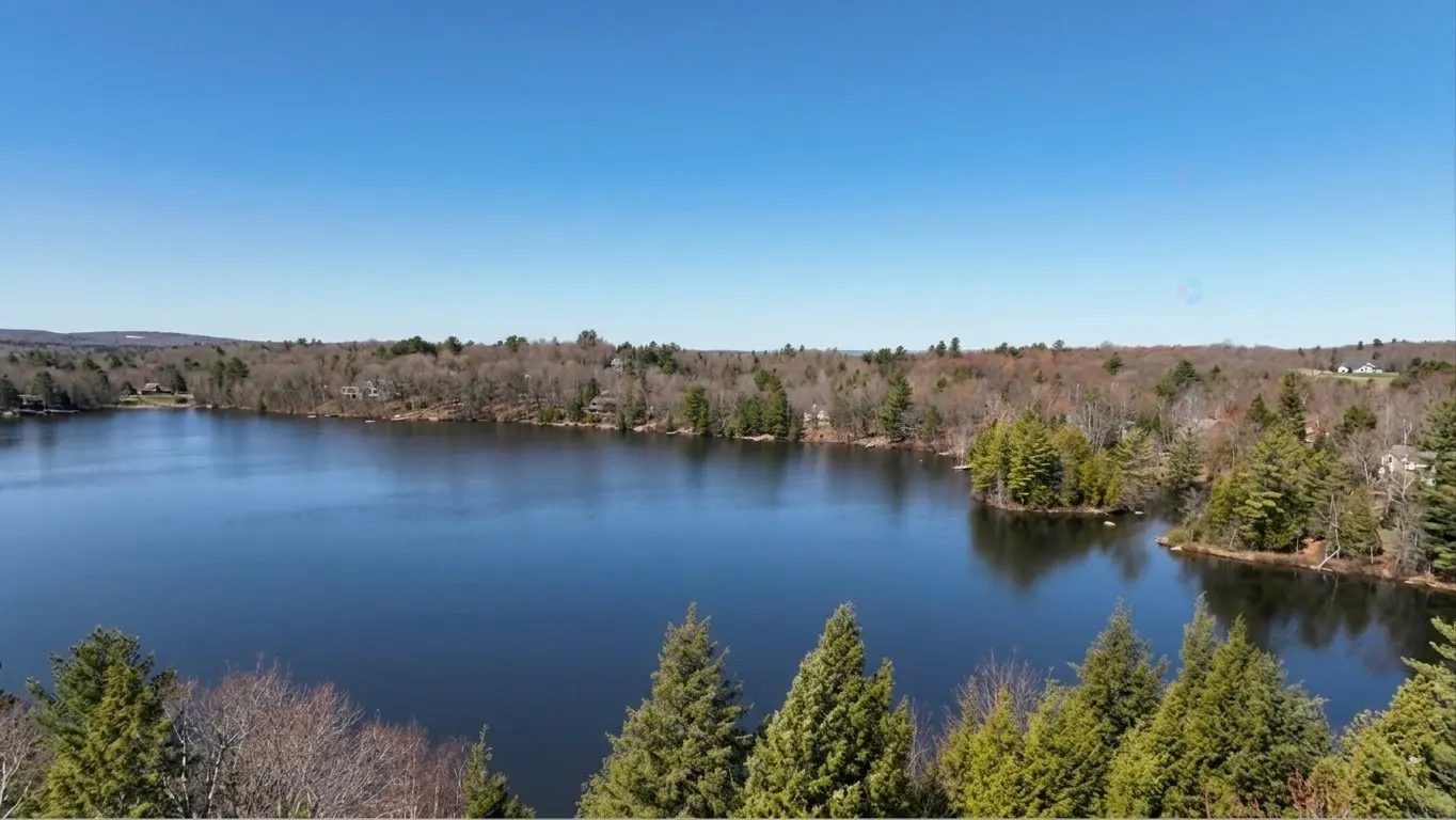 Scenic view of a calm, dark blue lake surrounded by trees under a clear blue sky.