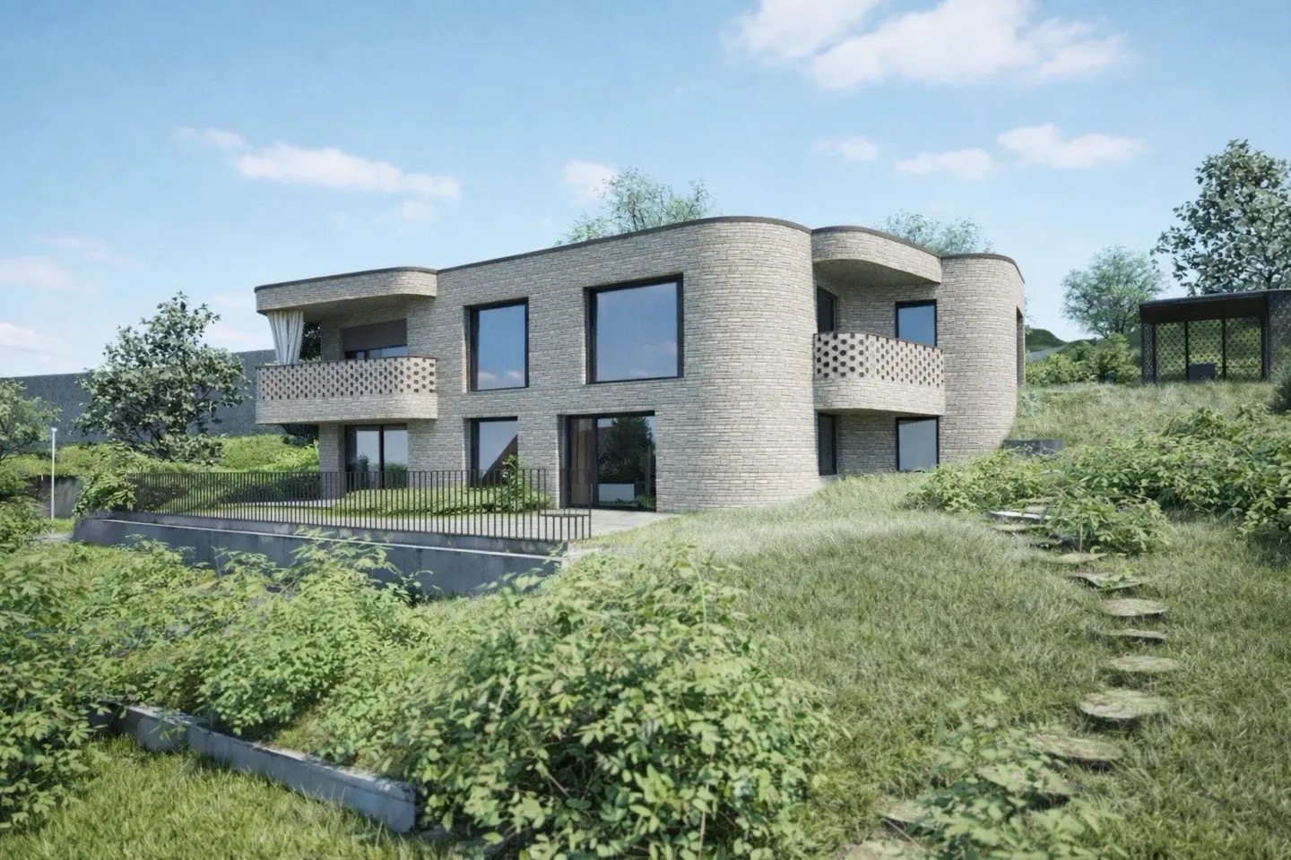 A modern, two-story brick house with curved walls and balconies sits on a grassy hill under a blue sky.