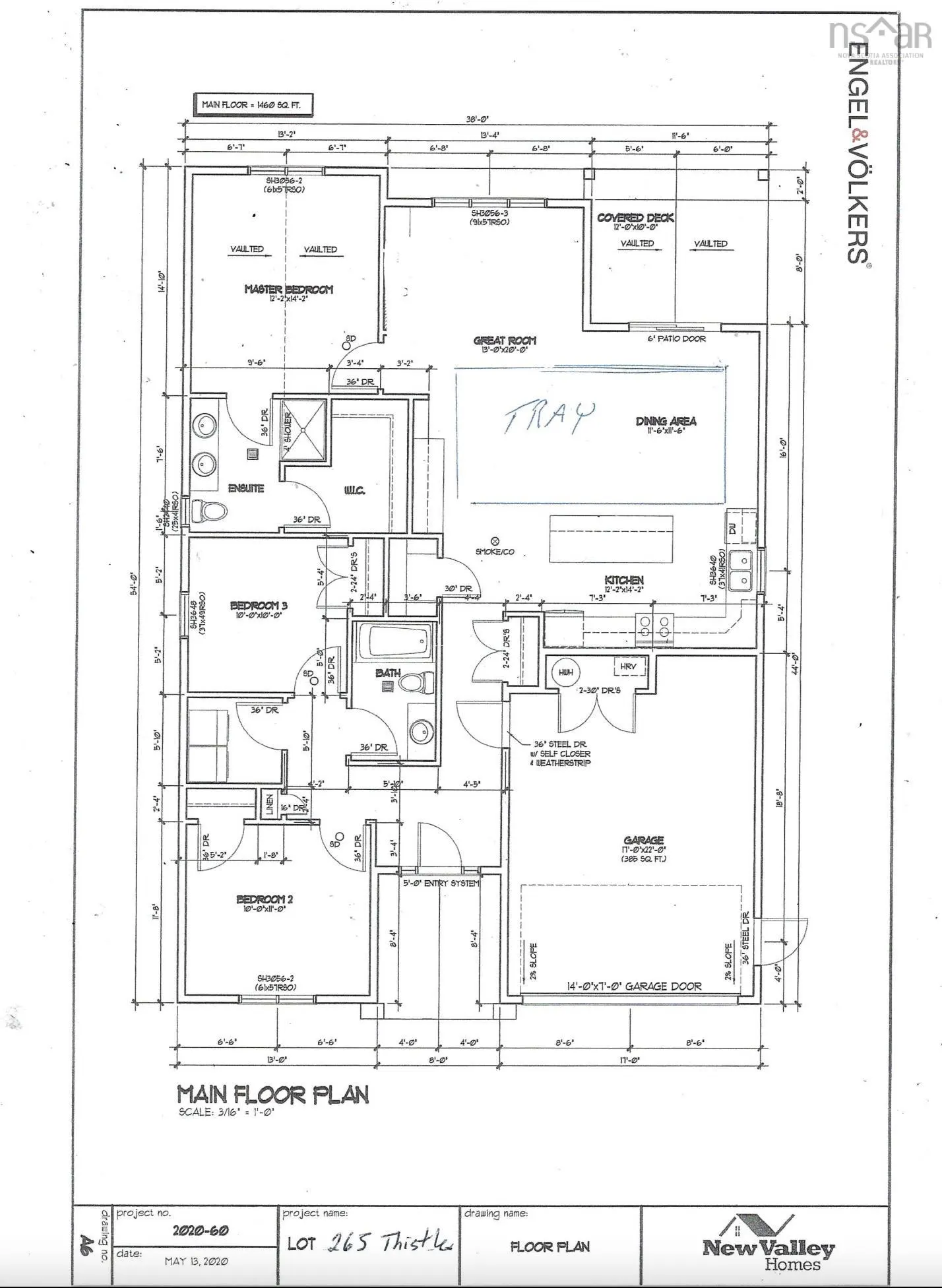 Blueprint of a house's main floor plan, including a master bedroom, ensuite, great room, kitchen, dining area, garage, and two additional bedrooms.