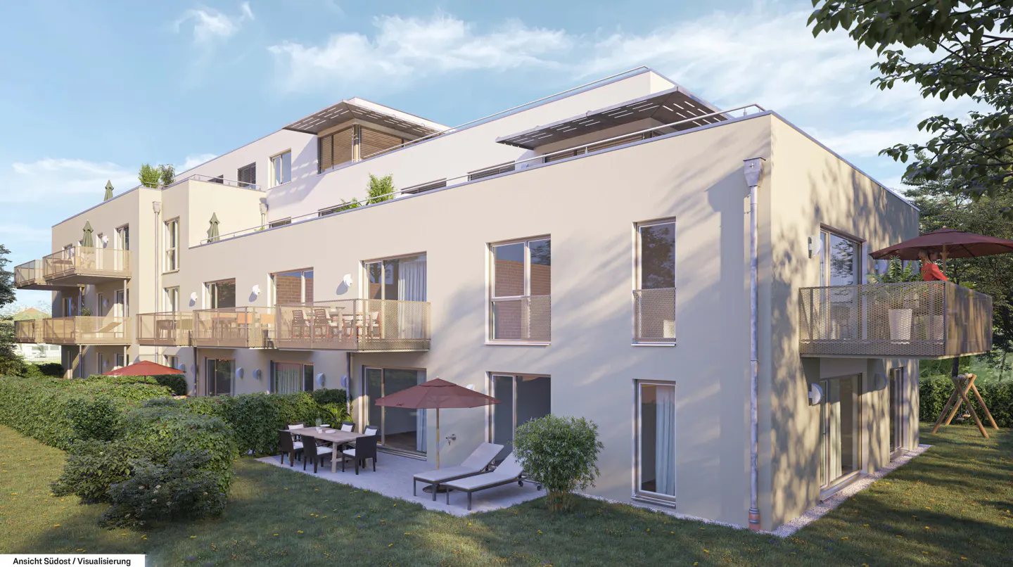 A modern, light-colored apartment building with balconies, terraces, outdoor dining sets, and lounge chairs in a garden.