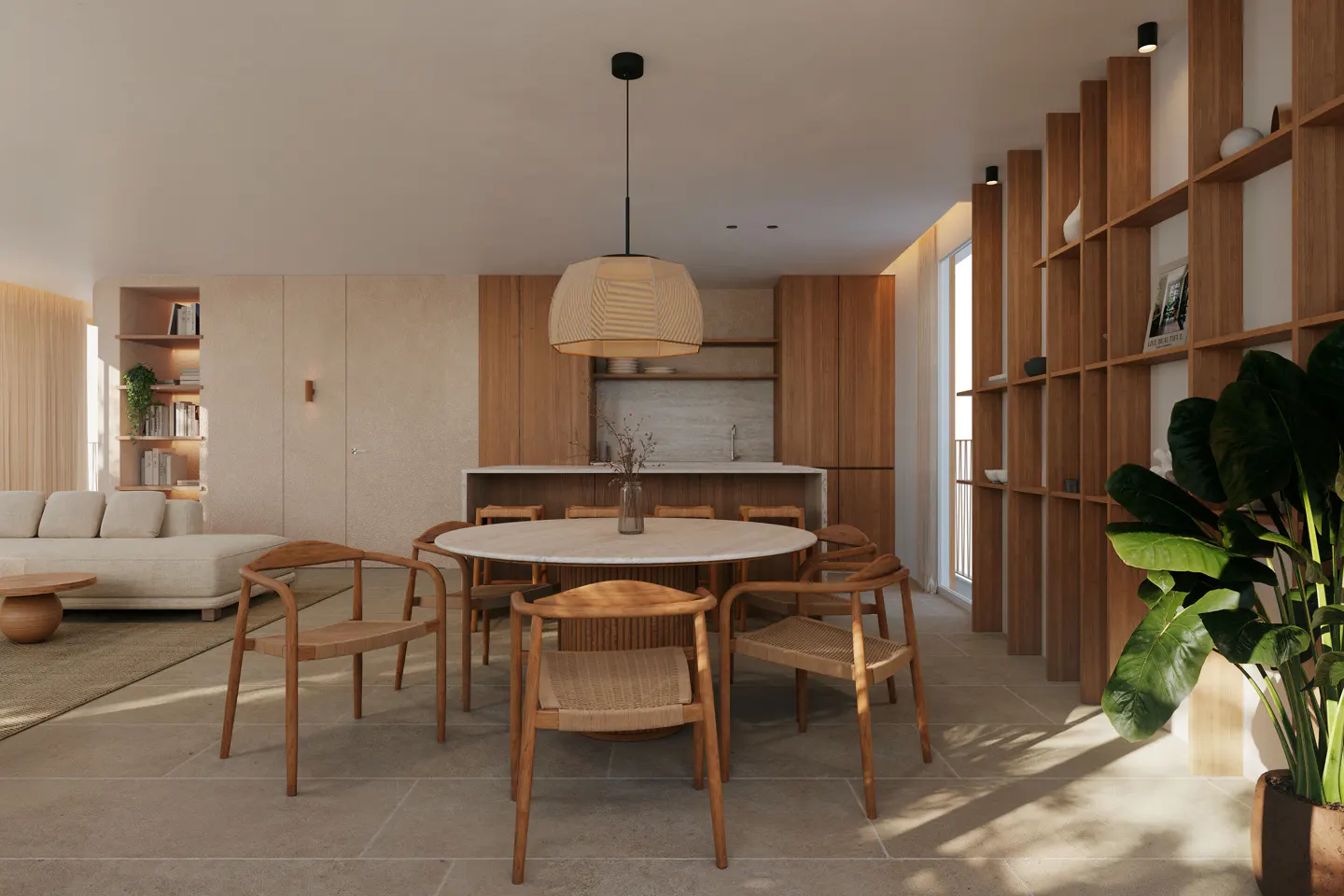 Modern dining area with a round marble table, wooden chairs, a woven pendant light, and a large wooden shelving unit.