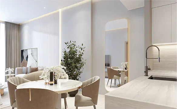 Open-concept living space with a dining table, chairs, and a kitchen counter. A mirror reflects another dining area. Neutral color palette.