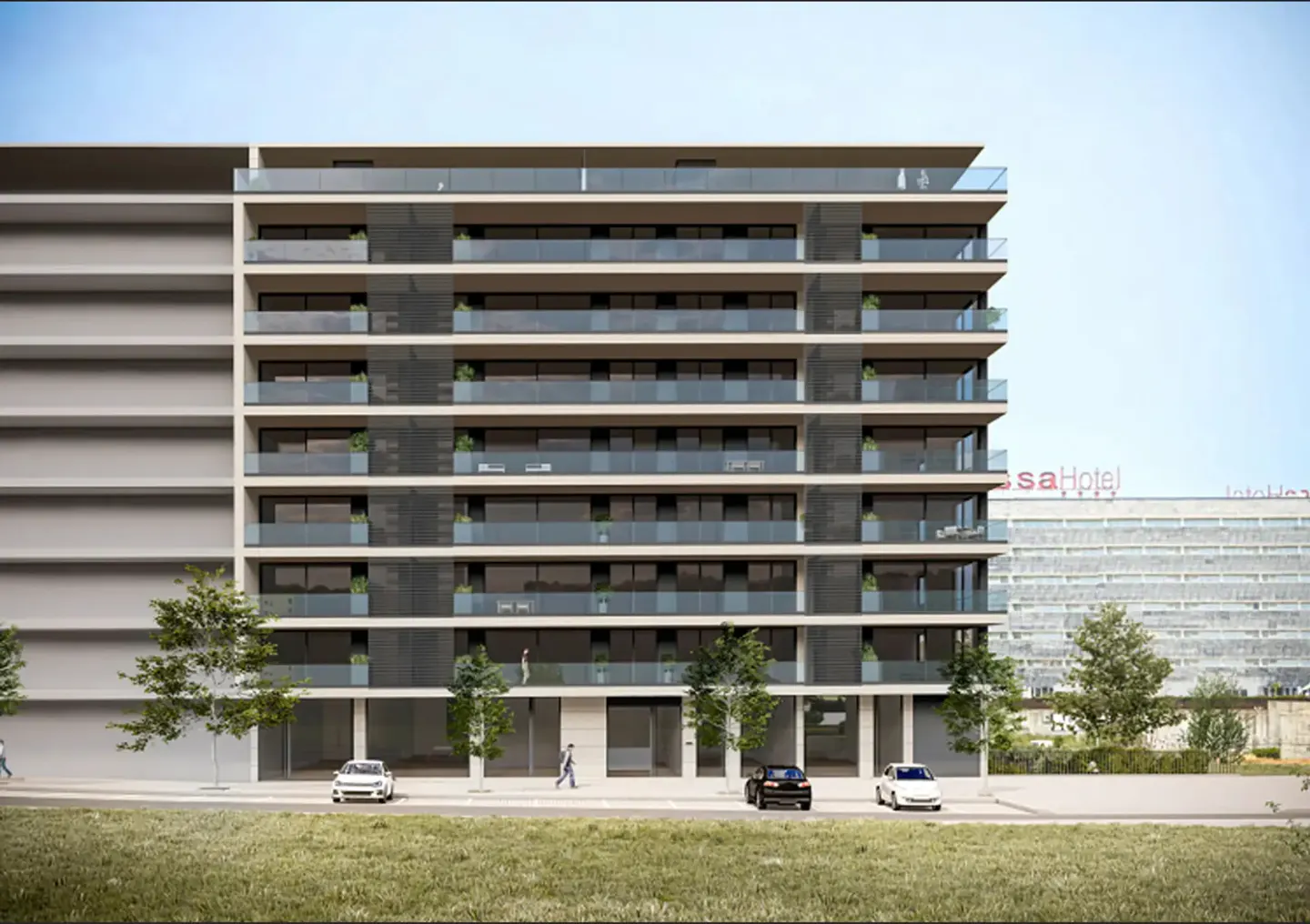 Modern apartment building with glass balconies, cars parked in front, and a hotel in the background.
