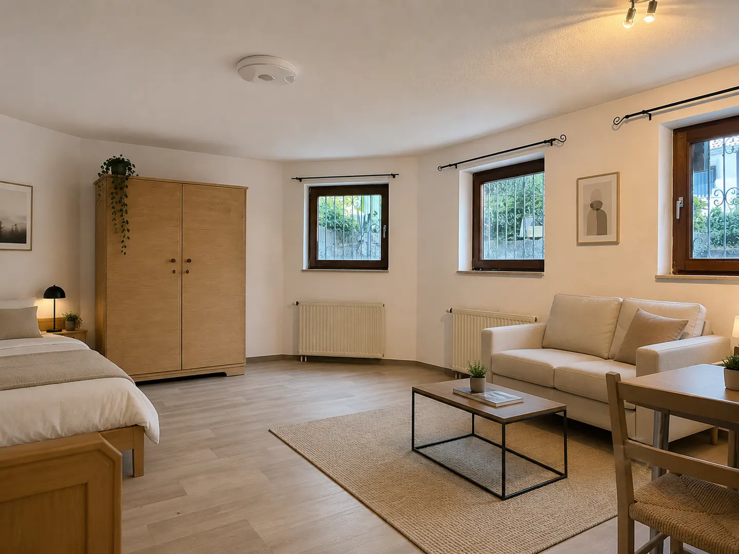 A bright studio apartment with a bed, wardrobe, sofa, coffee table, and dining table. Three windows provide natural light.