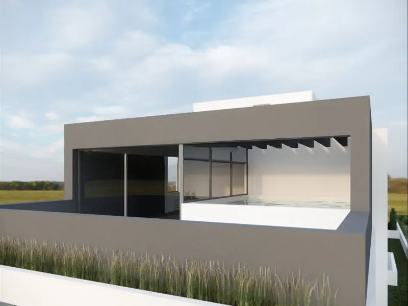 Modern home exterior with a gray facade, large windows, and a rooftop pool under a sawtooth awning. Tall grass lines the lower wall.