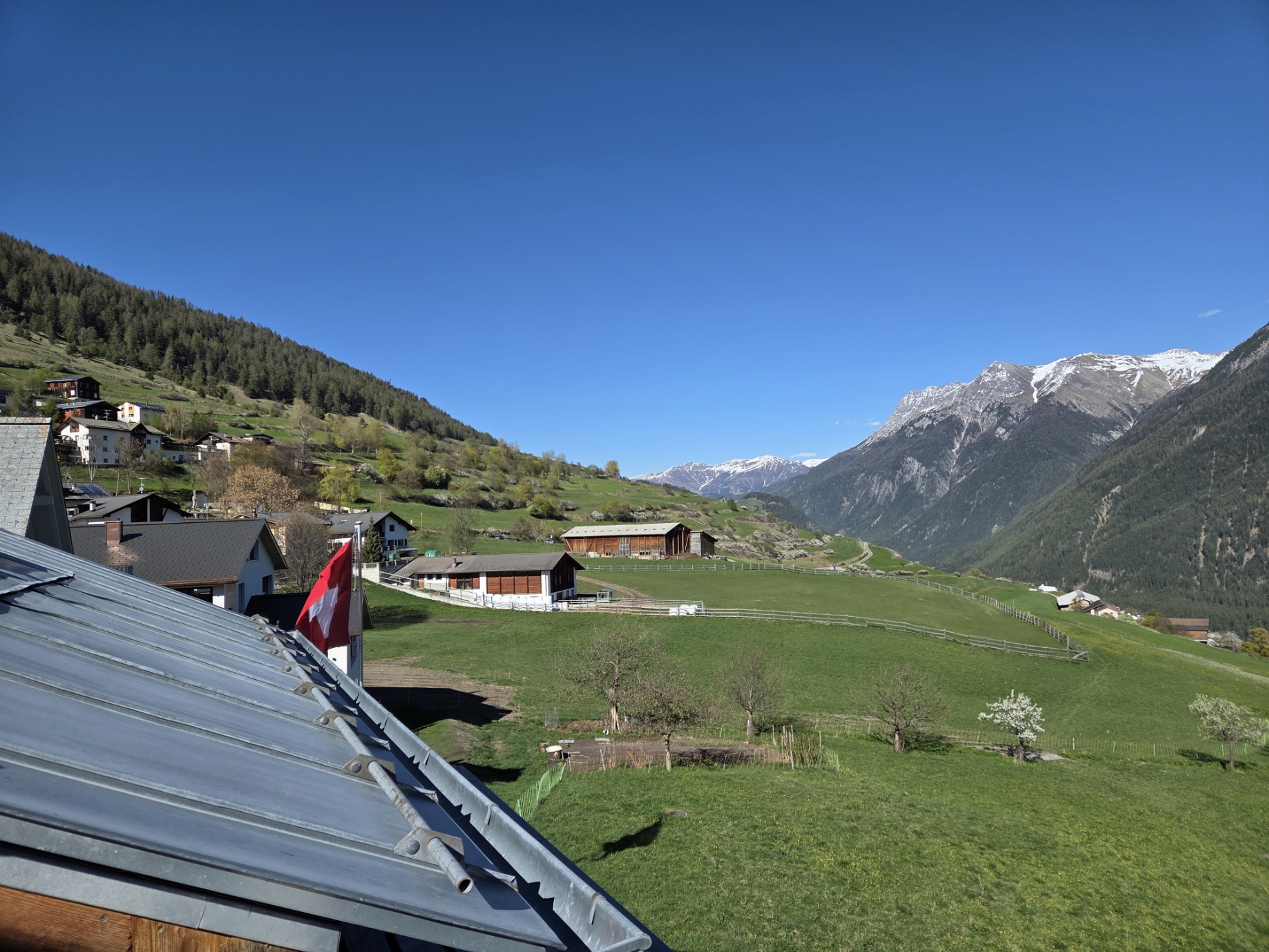 Scenic view of a Swiss village with green hills, houses, and snow-capped mountains under a clear blue sky. A Swiss flag is visible.