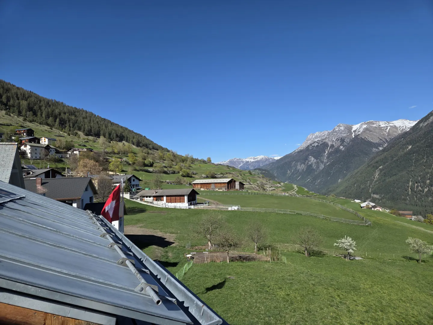 Scenic view of a Swiss village with green hills, houses, and snow-capped mountains under a clear blue sky. A Swiss flag is visible.