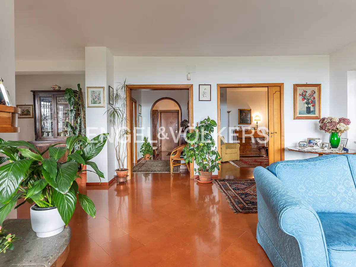 Bright living room with terracotta floors, a blue sofa, potted plants, and doorways leading to adjacent rooms.