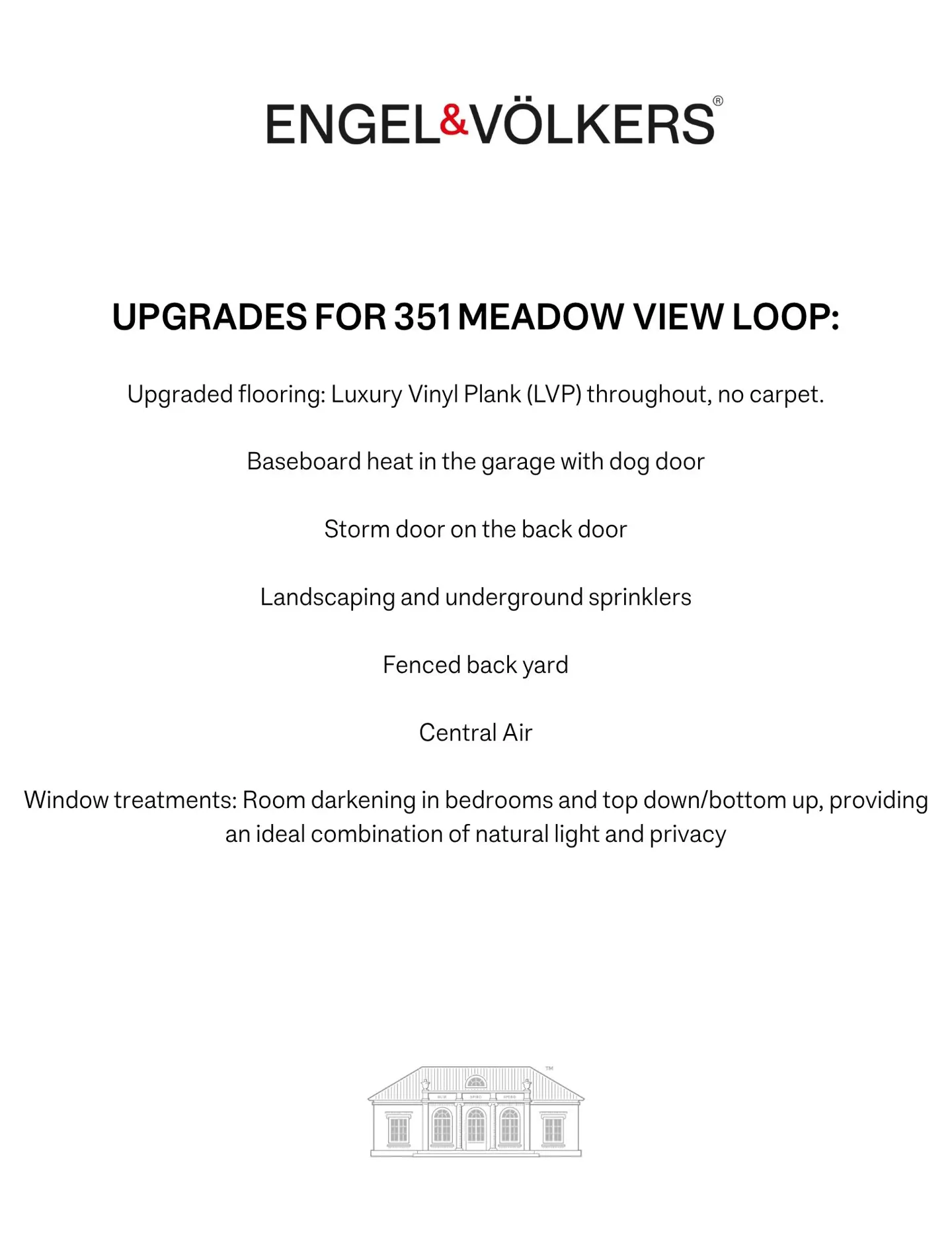 Real estate flyer listing upgrades for 351 Meadow View Loop, including flooring, heat, and landscaping.