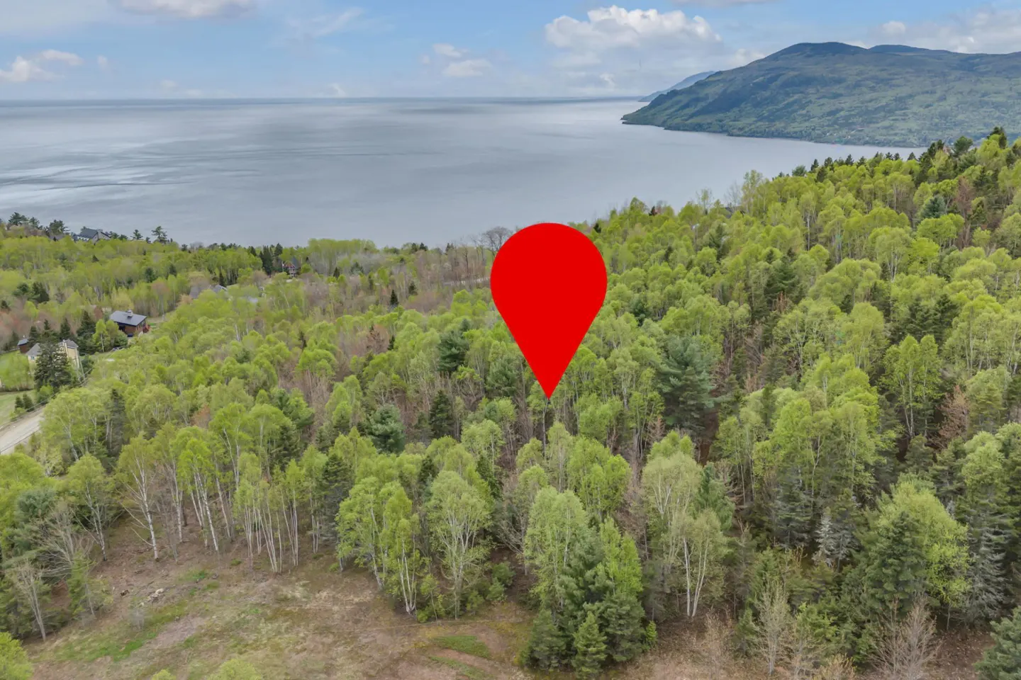 Aerial view of a wooded lot near a large lake with a red location pin marking the property.