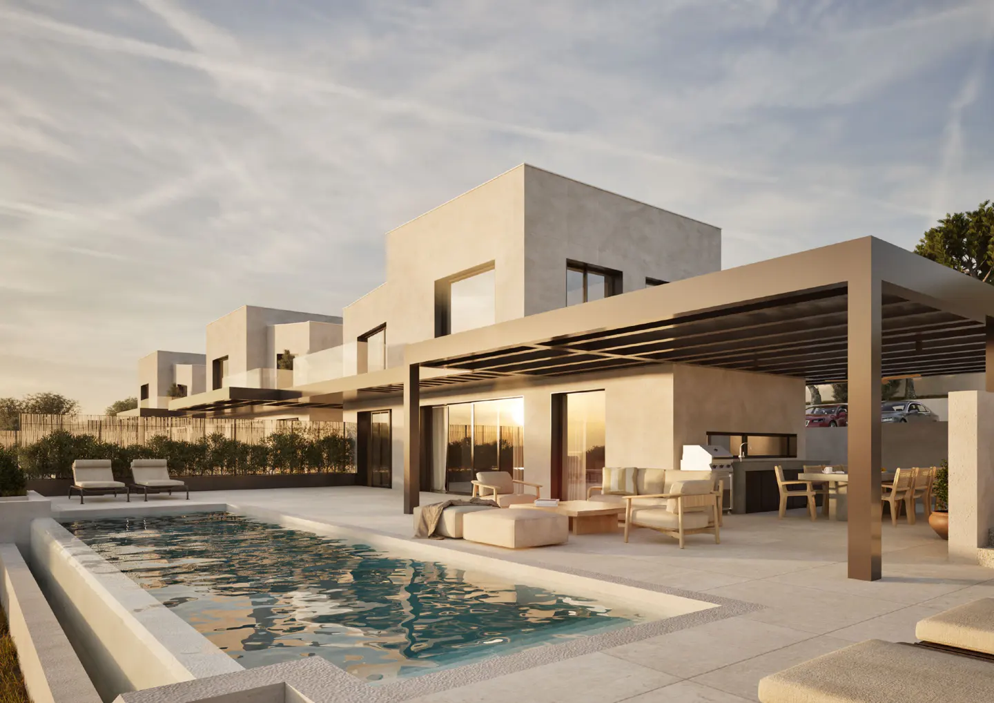 Modern home exterior with a pool, patio furniture, and a pergola. The sky is light blue with some clouds.